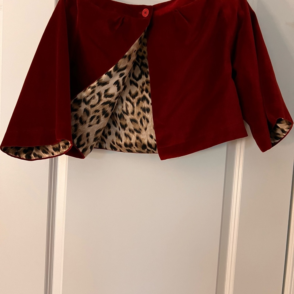 Adorable red velvet and satin leopard print bolero